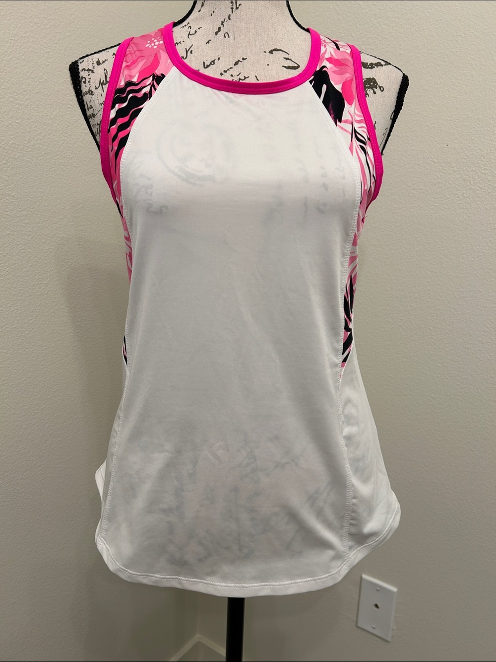 Tail Razorback White Tank Top with Pink Trim and Patterned Side Panels